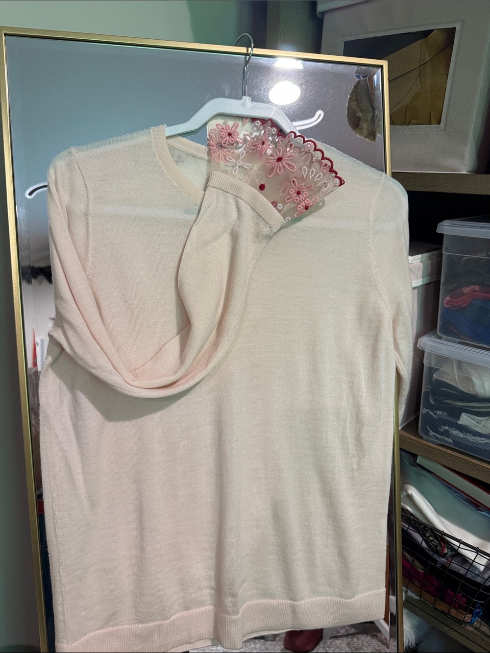 Stunning Club Monaco Pale Pink  Knit Sweater with bell sleeves embroided